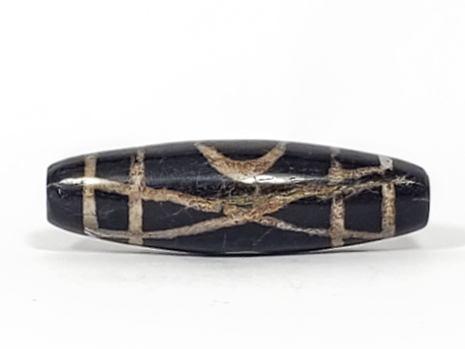 Ac-070926-TWE ancient two eye dzi pitch-black agate second face X-cross element heavy calcification unretouched