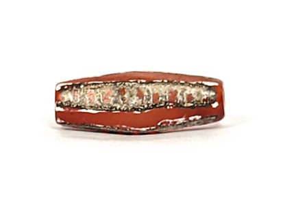 Ac-010825-4RT hero face A, 28.9×11.2mm terracotta-red carnelian, rail track band, silver-grey cells, unretouched