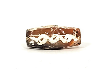Ac-032425-LK hero face A, 24.7×11.8mm, dark chocolate-brown carnelian, cream-white chain links motif, unretouched