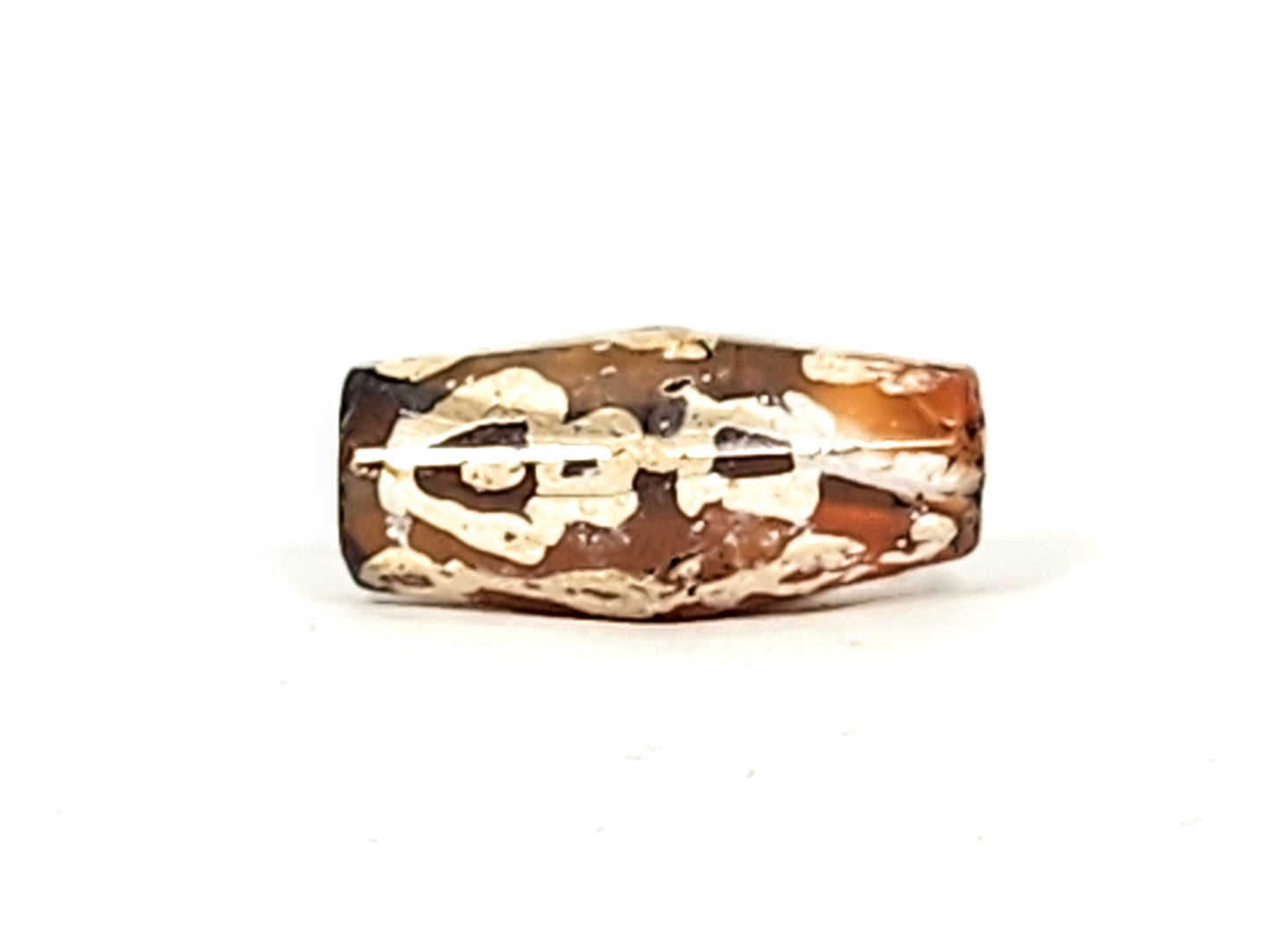 Ac-032425-LK face C, two link forms visible through deposits, orange-brown carnelian end cap zone, unretouched