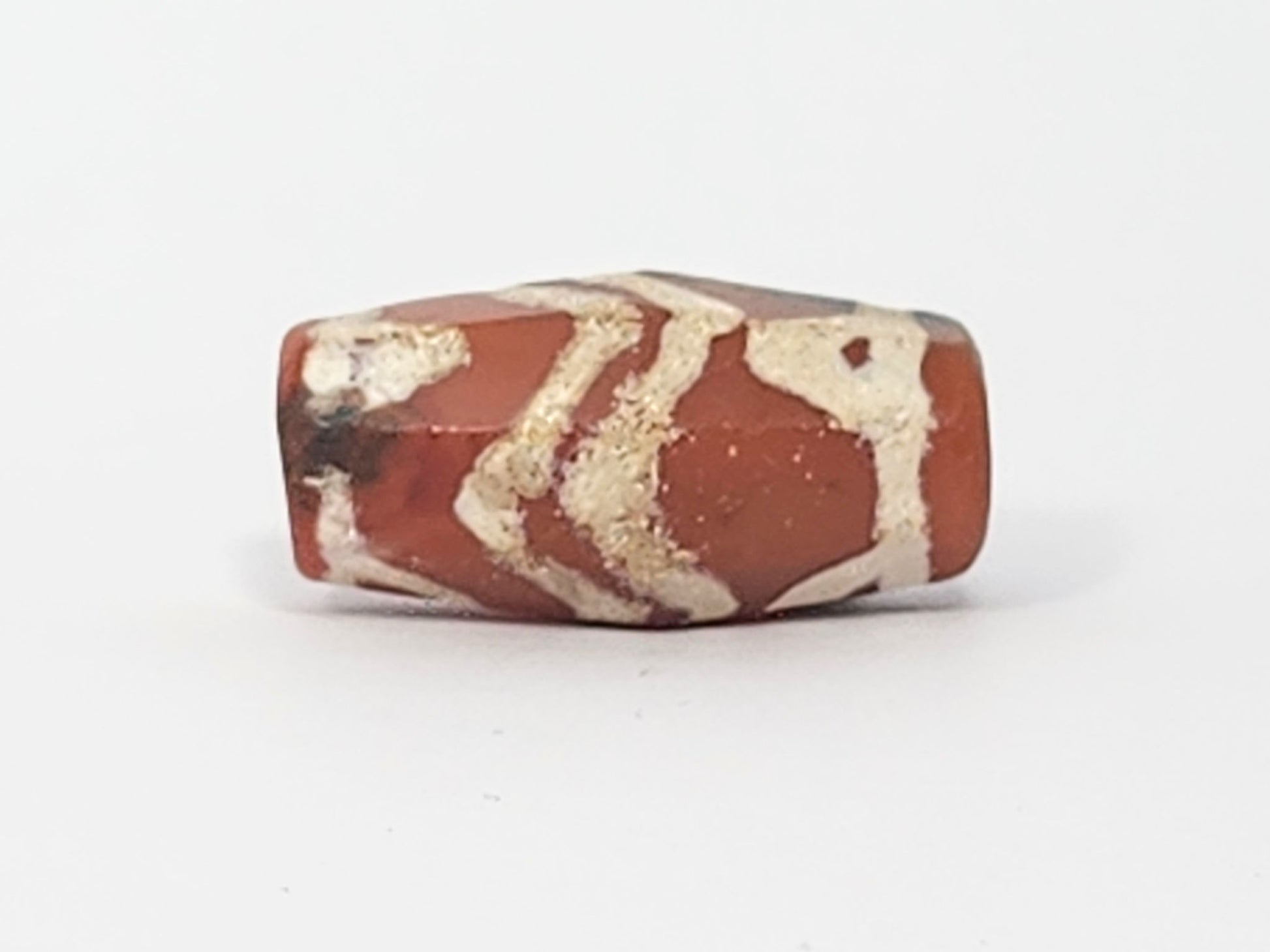 Ac-061126-TSTT face C, tiger tooth open-V forms, warm terracotta carnelian, grey-black edge zone, unretouched