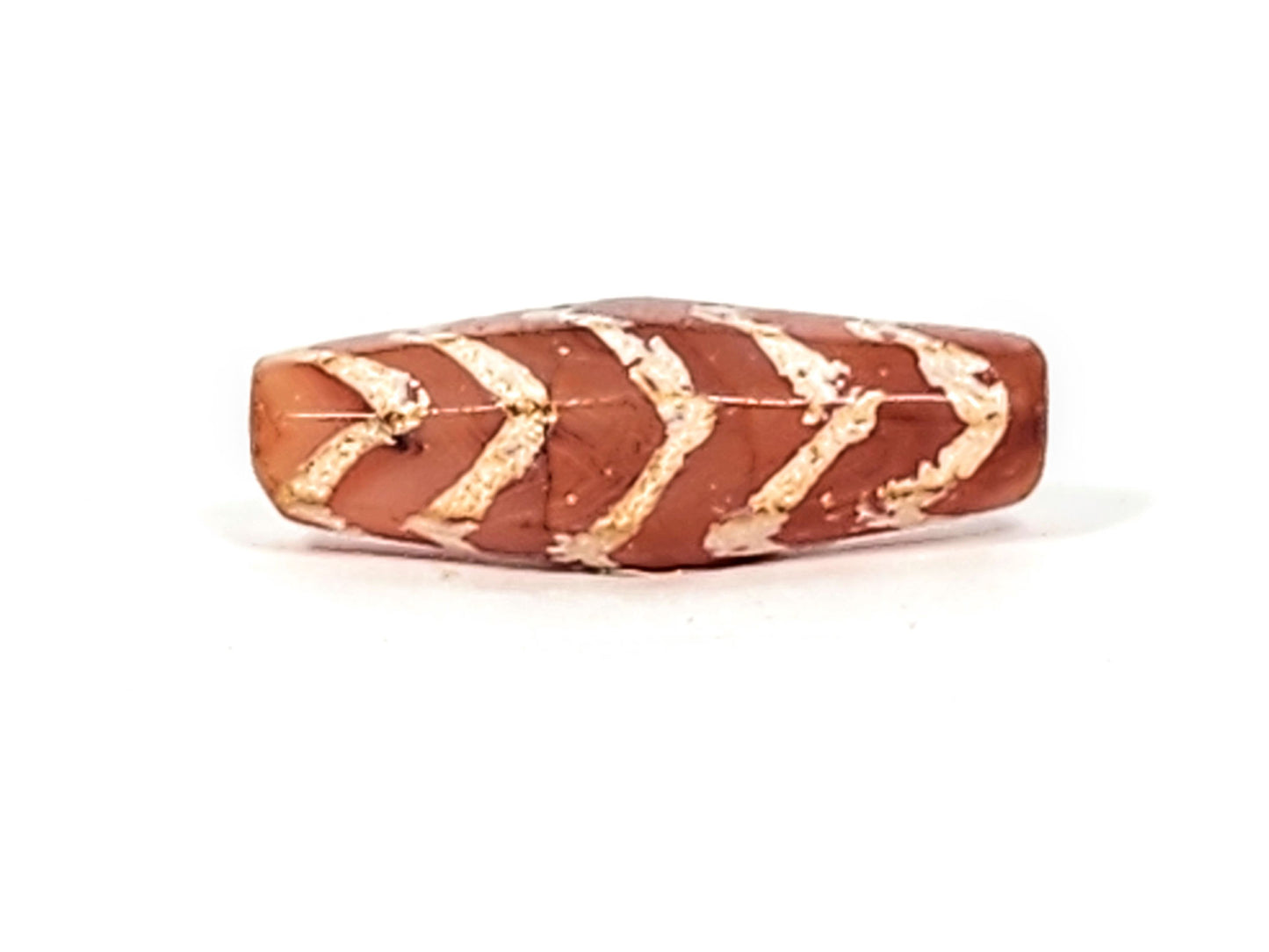 Ac-030525-5TS carnelian tiger stripe dzi second face, five chevron rows, weathered cream lines, unretouched