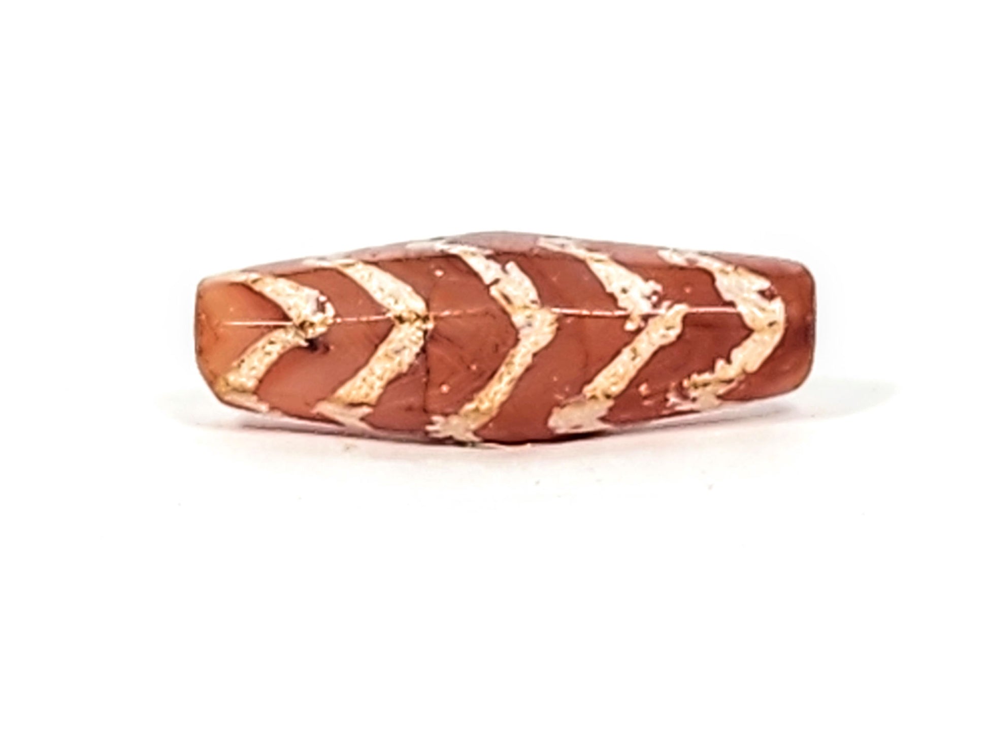 Ac-030525-5TS carnelian tiger stripe dzi second face, five chevron rows, weathered cream lines, unretouched