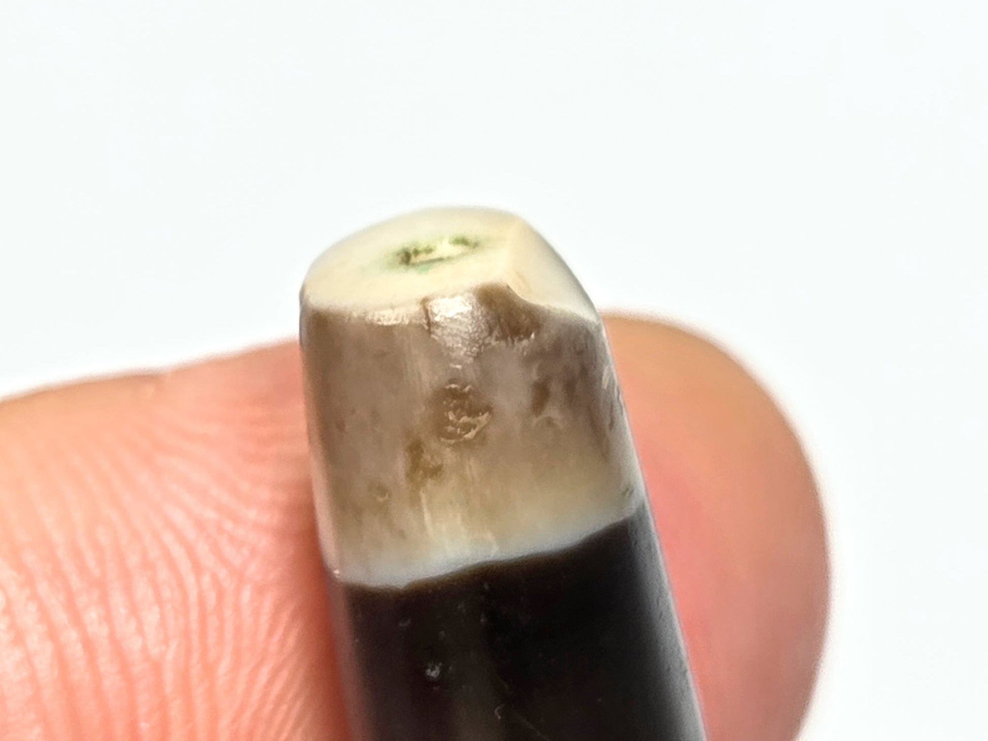 Ac-061526-1SBW, right end cap angled, blue-green burial deposit at drill hole, honey-brown transition zone, unretouched