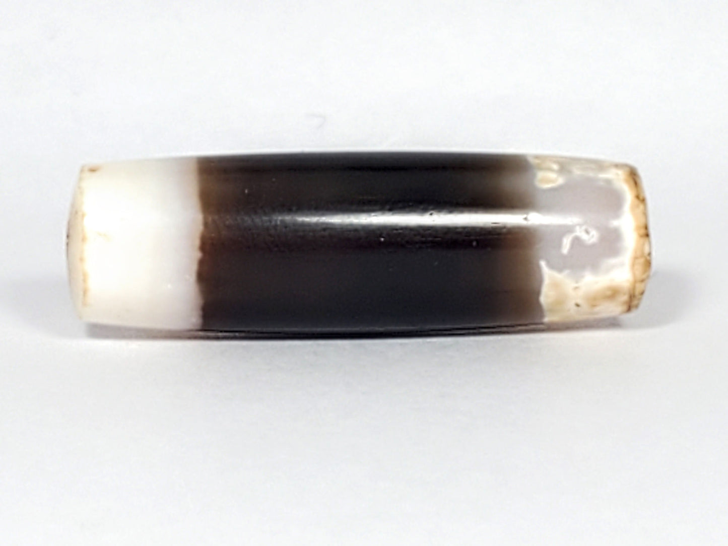 Ac-061426-1SChungBS ancient Chung dzi, 31.4×9.6mm, Face A, pitch-black body, bright white/calcified ends, unretouched