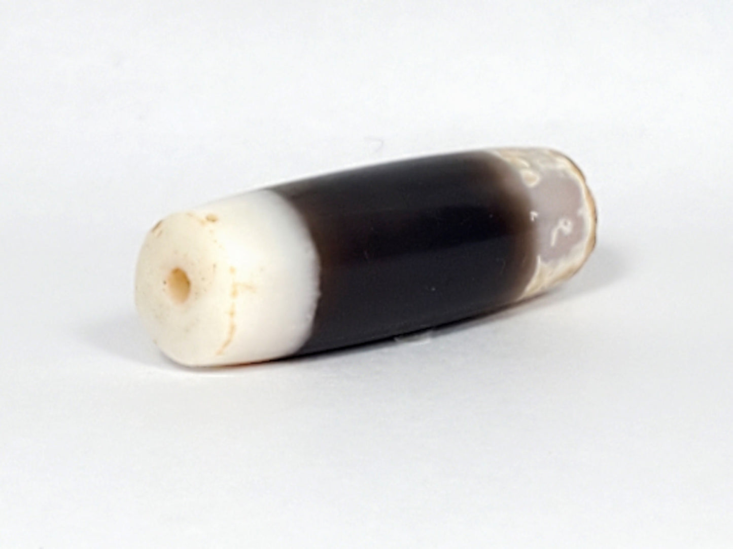Ac-061426-1SChungBS ancient Chung dzi, left end, intact bright white cap, ancient drill hole warm interior, unretouched