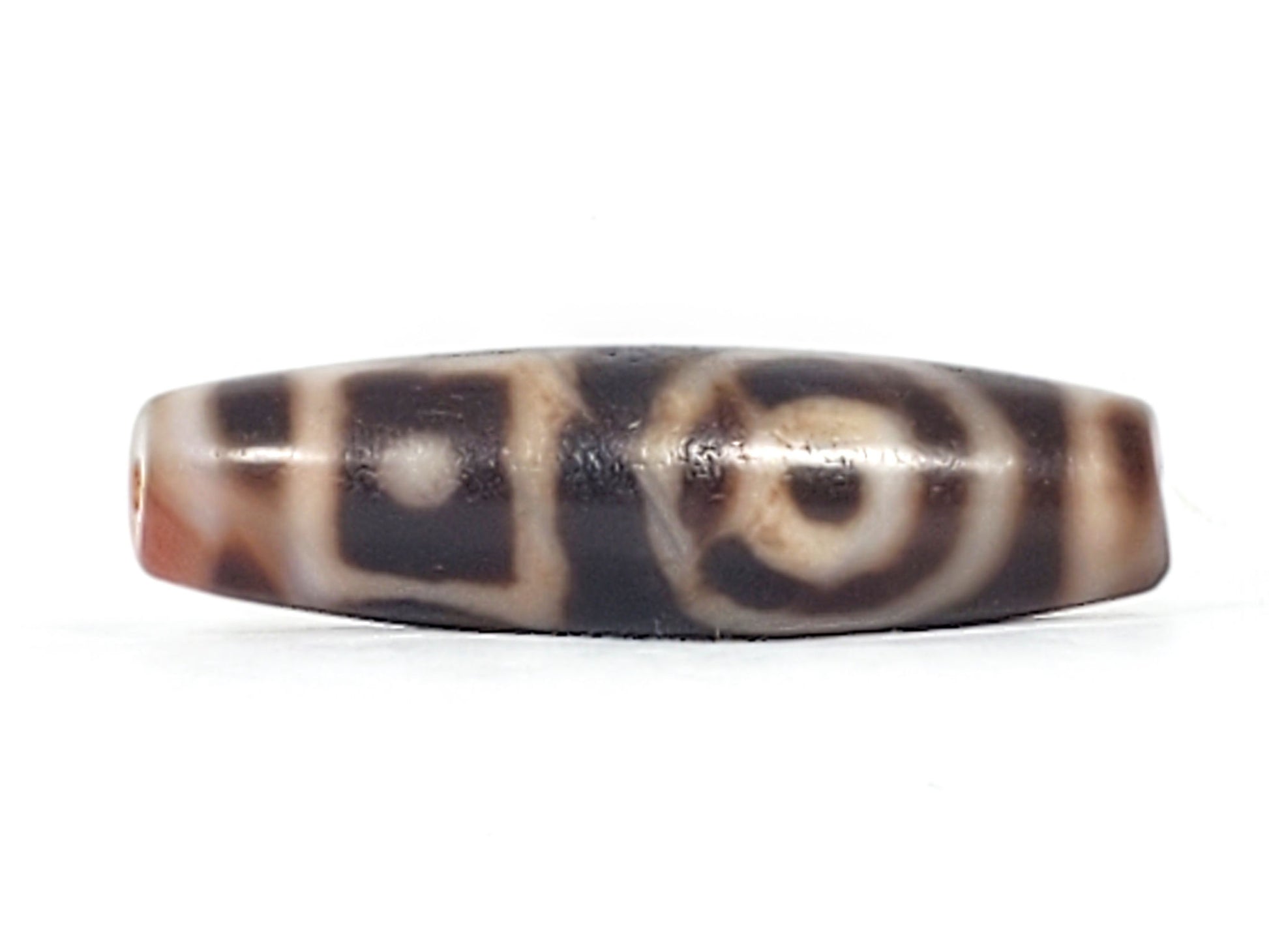 Antique heaven earth gate dzi — Face B, square heaven gate left, round eye right, drill hole visible at tip, At-0426-DHE