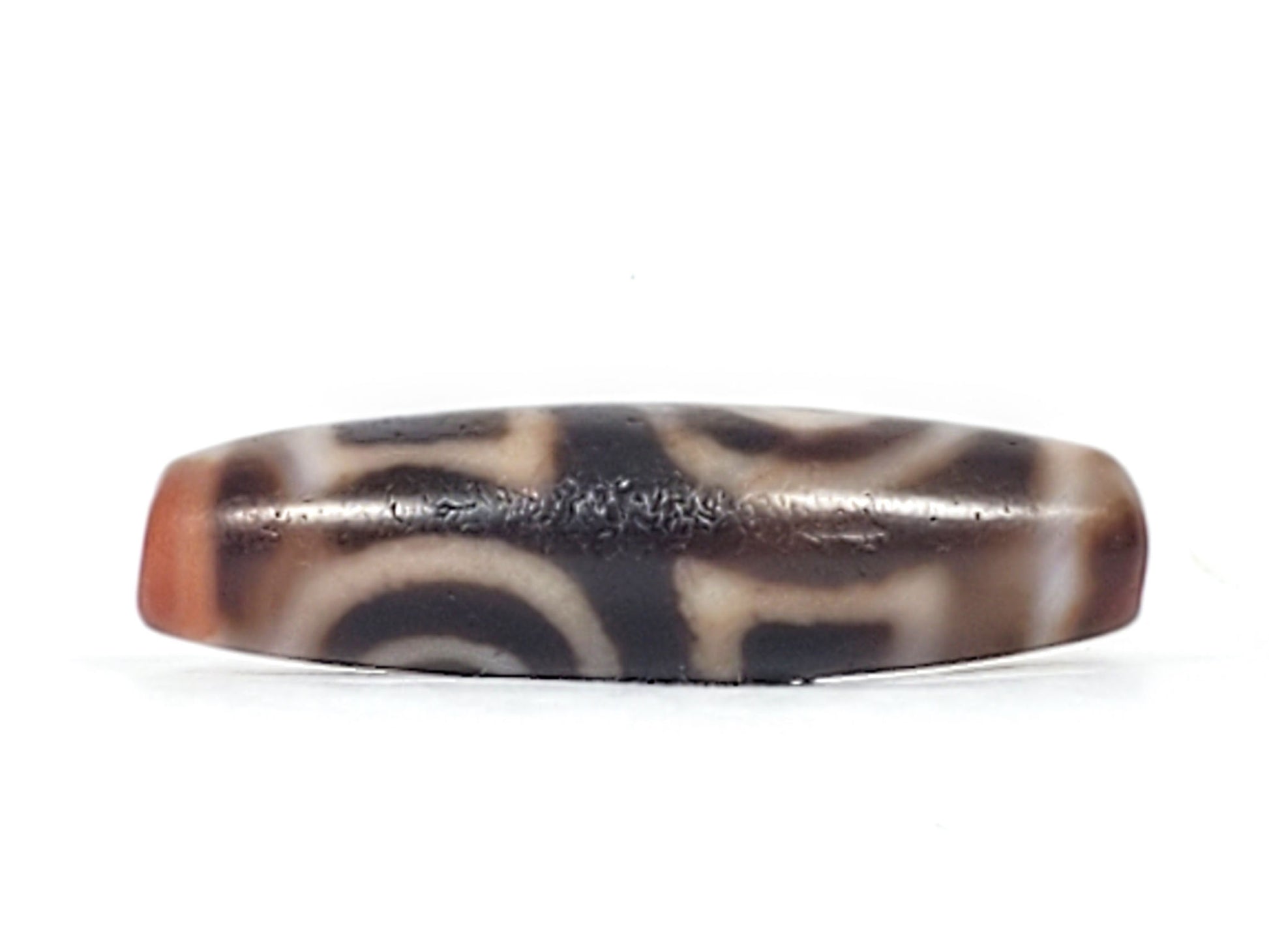 Antique heaven earth gate dzi — top profile, arc pattern, micro-crackle ridge line, warm brown agate ends, At-0426-DHE