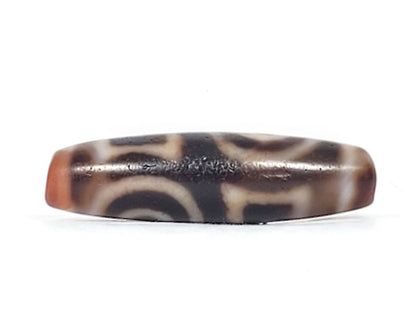 Antique heaven earth gate dzi — top profile, arc pattern, micro-crackle ridge line, warm brown agate ends, At-0426-DHE