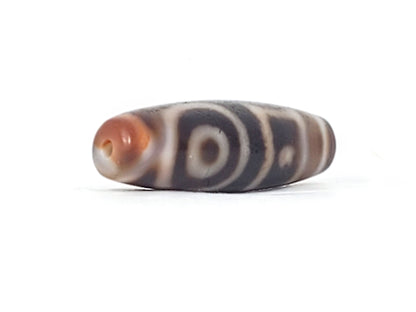 Antique heaven earth gate dzi — opposite end angled, drill hole at rich brown cap, two eye motifs on body, At-0426-DHE