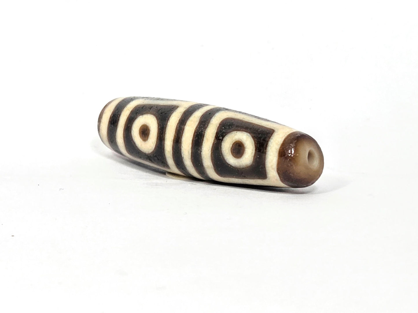Ac-080425-4E right drill hole end, warm honey-brown end cap, square-framed eyes wrapping body, unretouched