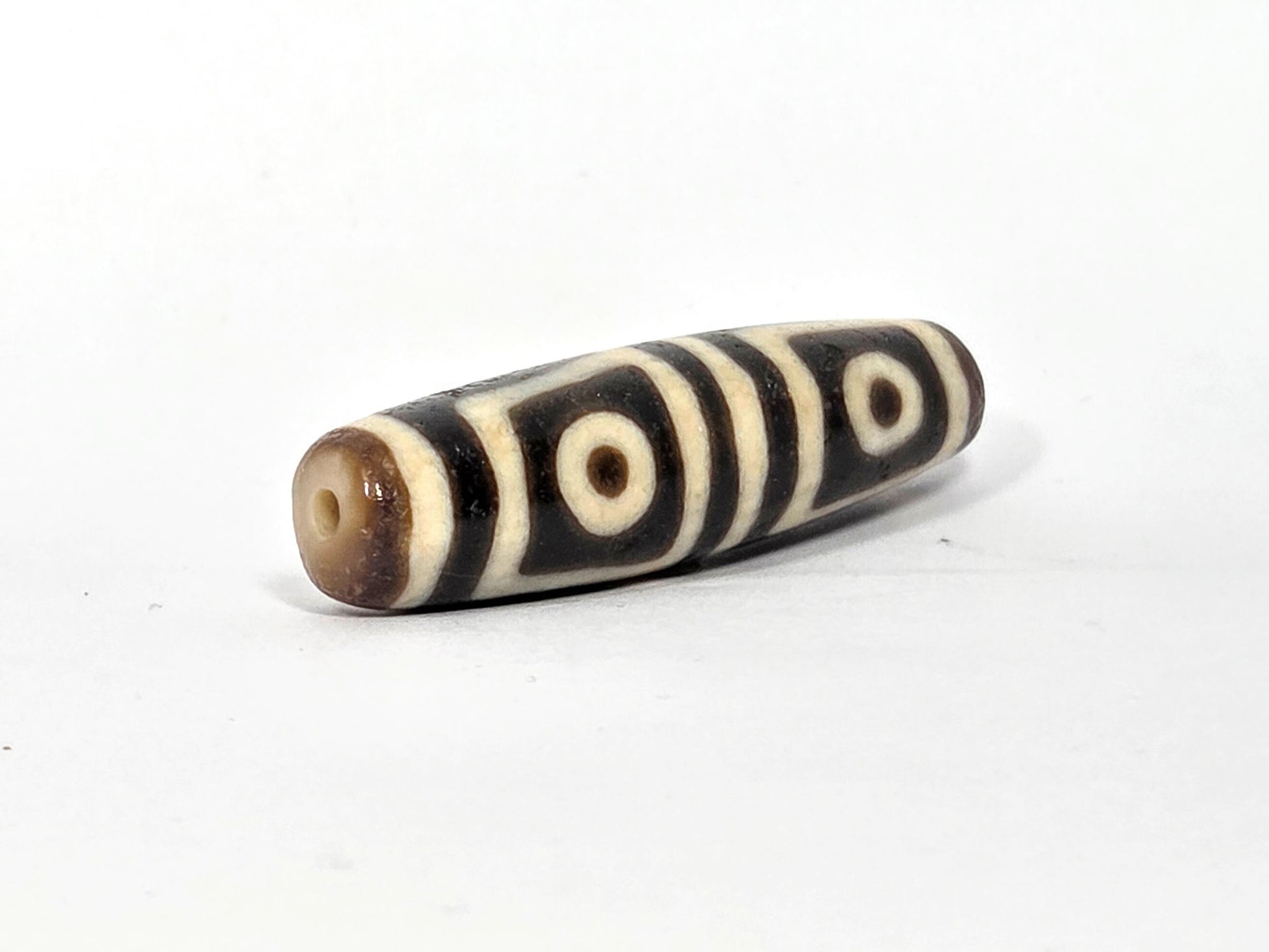 Ac-080425-4E left drill hole end, honey-brown tip, two Face A square-framed eyes visible from end, unretouched