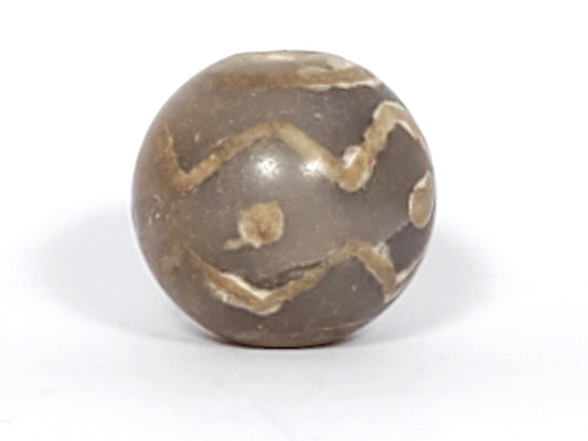 Ancient round Tibetan dzi bead with double wave and stars motif — genuine natural agate, traditionally etched