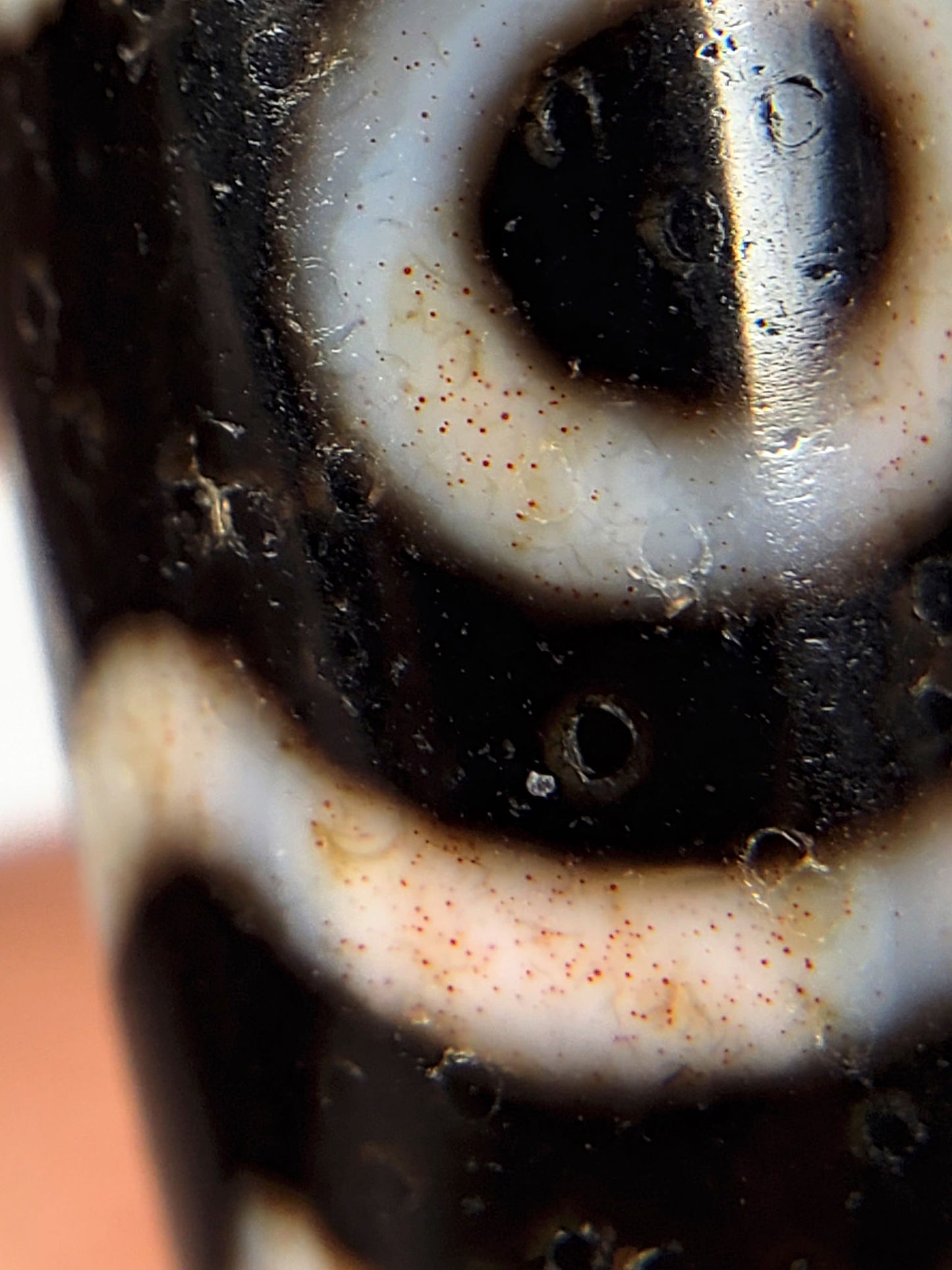 At-070926-3ETTBS macro detail three eye tiger tooth dzi discrete cinnabar dots around eye ring cream zone unretouched