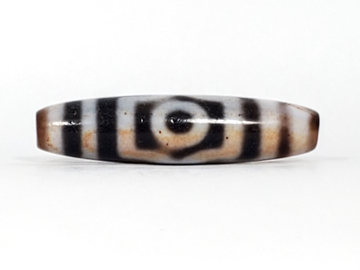 Antique Tibetan Three Eye Dzi bead, 47.8mm — deep black natural agate with bold cream eye circles, extreme cinnabar bloodspots, 100–200 years old — At-0426-3EBS2