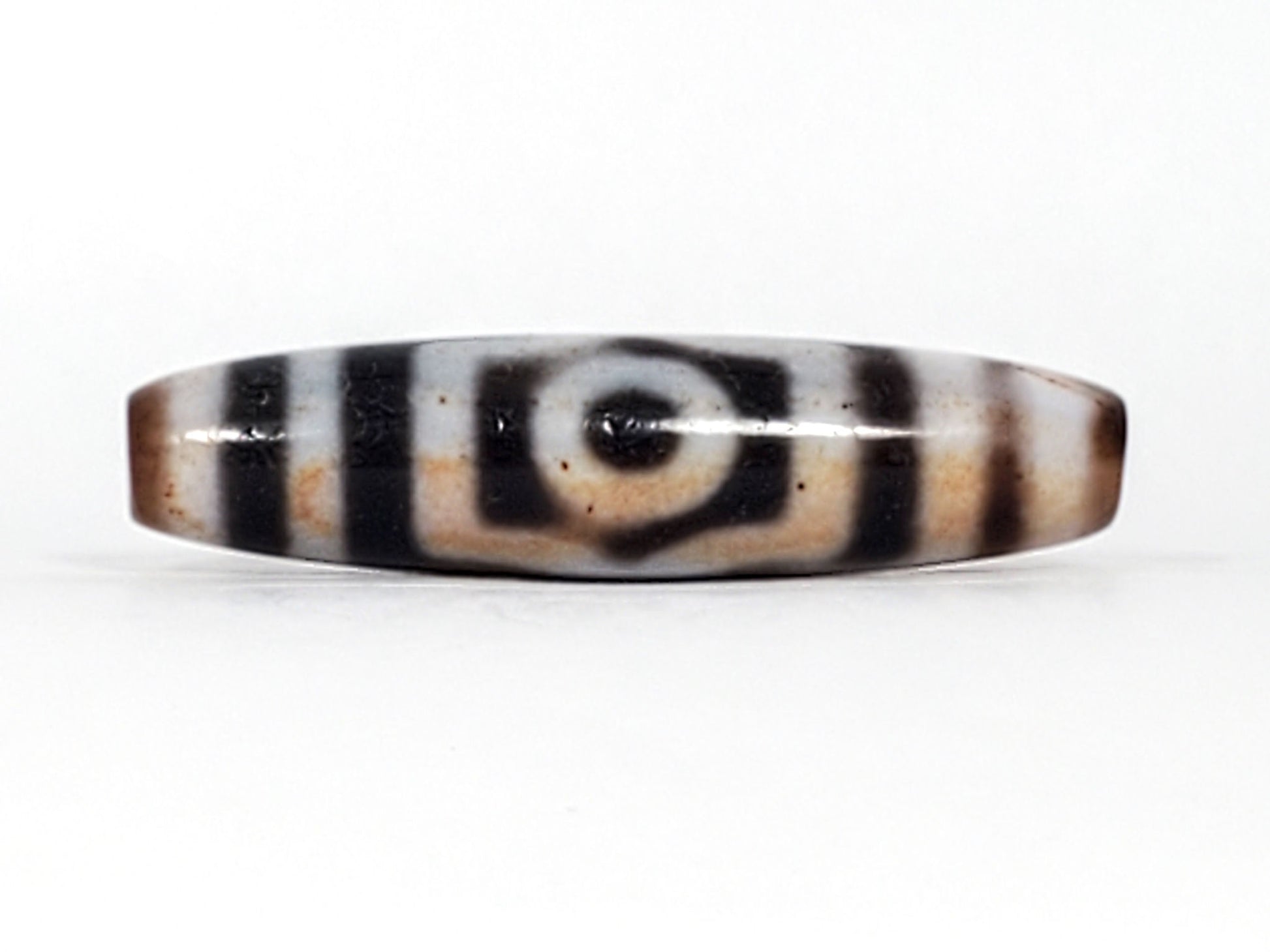 Antique Tibetan Three Eye Dzi bead, 47.8mm — deep black natural agate with bold cream eye circles, extreme cinnabar bloodspots, 100–200 years old — At-0426-3EBS2