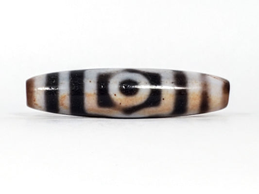 Antique Tibetan Three Eye Dzi bead, 47.8mm — deep black natural agate with bold cream eye circles, extreme cinnabar bloodspots, 100–200 years old — At-0426-3EBS2