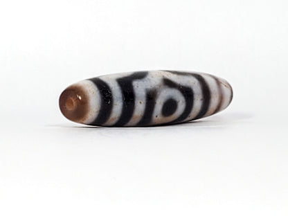 Fifth angle of antique Tibetan Three Eye Dzi bead — deep black agate with bold white etching, extreme cinnabar inclusions, 100–200 years old