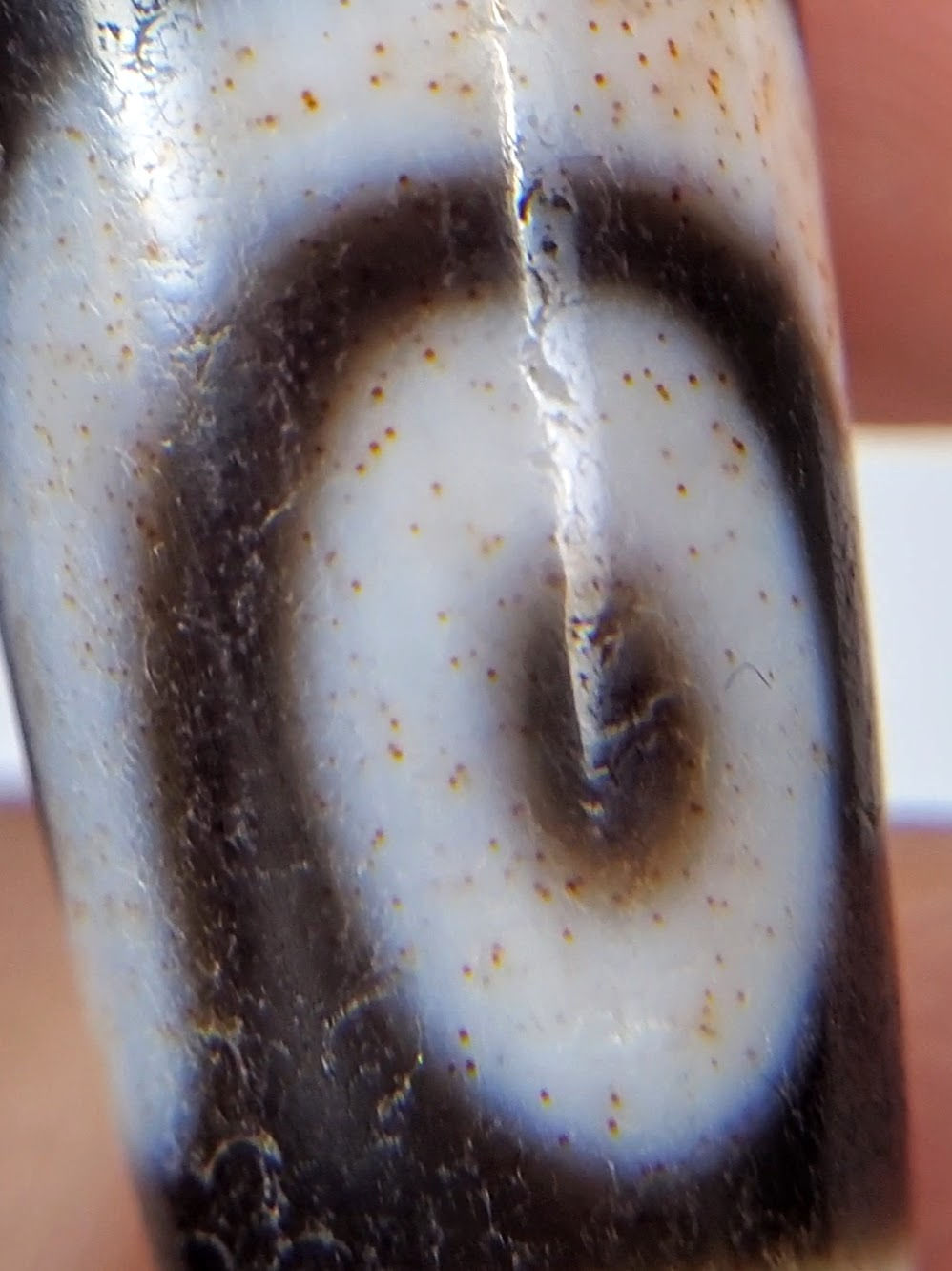 Close-up of eye circle motif on antique Three Eye Dzi bead — cream etched circle on black agate with cinnabar bloodspot visible in stone, 100–200 years old