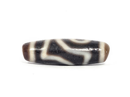 Ac-073026-2E ancient two eye dzi pitch-black agate connector face zigzag cream wave lines unretouched