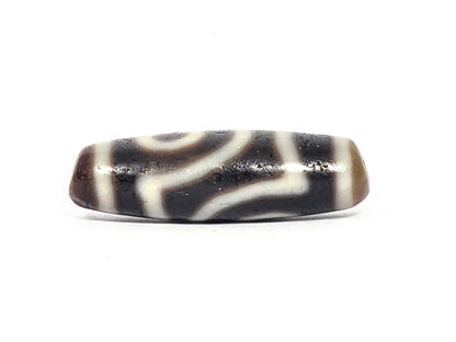 Ac-073026-2E ancient two eye dzi pitch-black agate connector face angled view wave line pattern unretouched