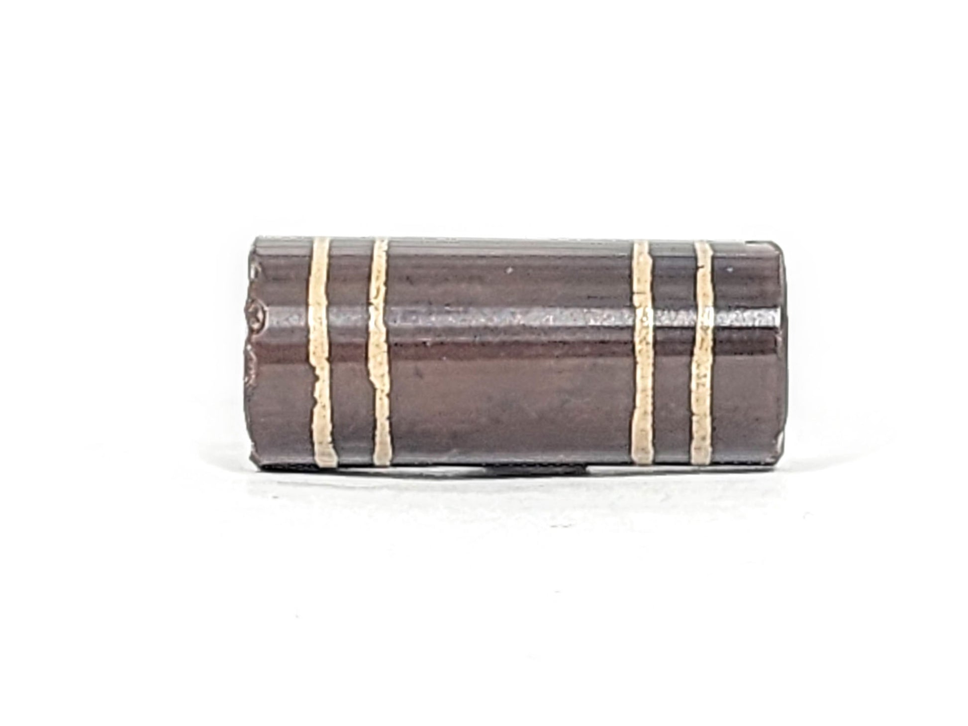 Ac-061426-4Str, four stripe agate dzi, 32.3×14.3mm, deep cool grey-brown barrel, right-end chip, unretouched