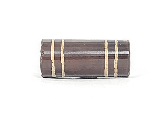 Ac-061426-4Str, four stripe agate dzi, 32.3×14.3mm, deep cool grey-brown barrel, right-end chip, unretouched