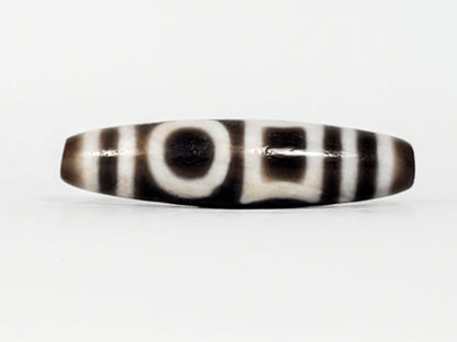 Antique Double Heaven & Earth Dzi bead, 47.8mm — full H&E motif, cream on dark agate, 300–500 yrs