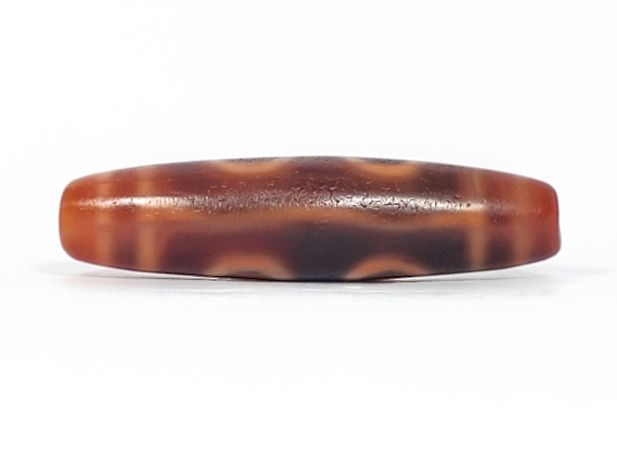At-060126-4E2, bottom face showing underside arcs of all four C-ring eyes wrapping body, two-tone agate, unretouched