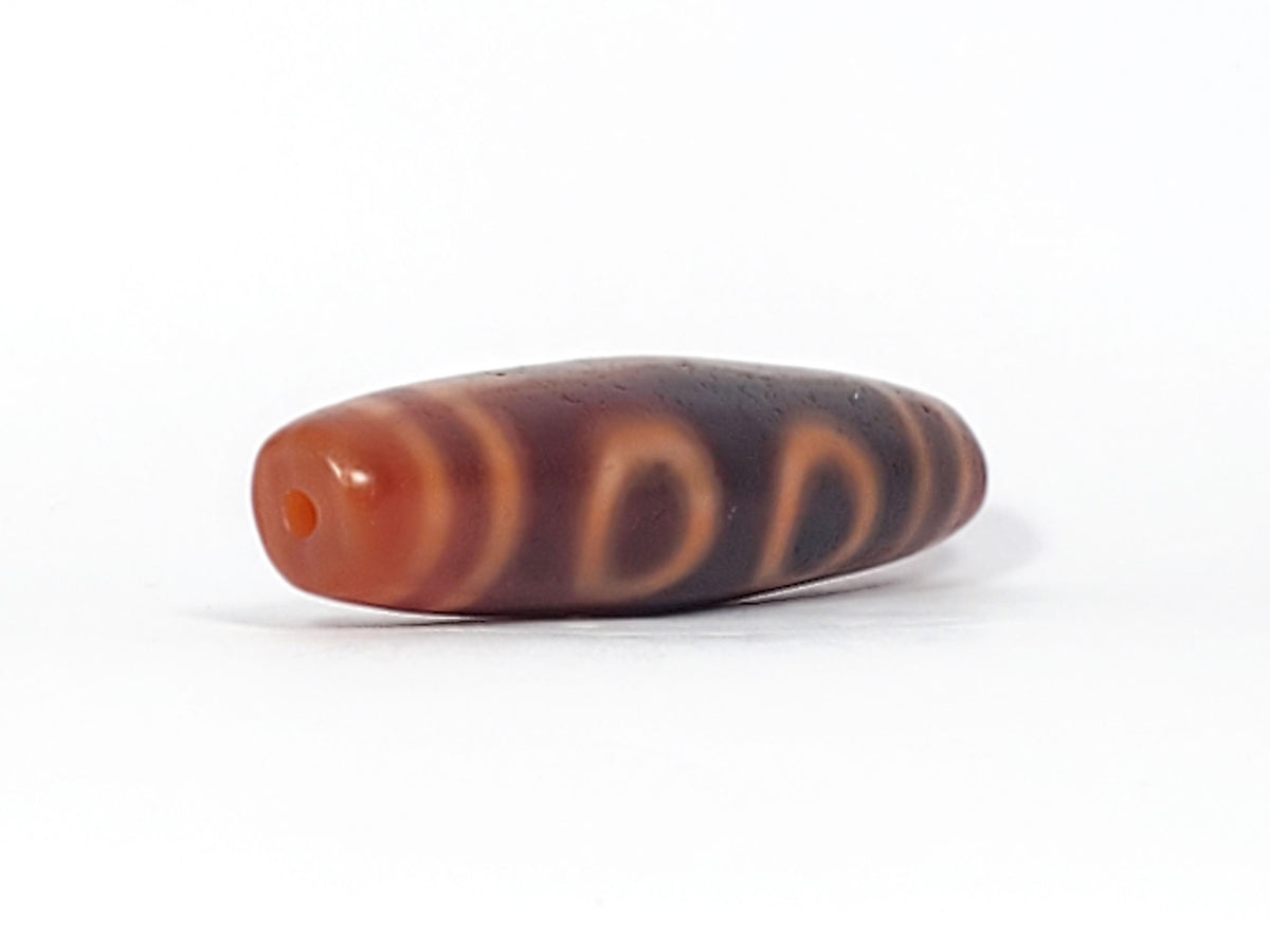 At-060126-4E2, angled End A, warm terracotta-orange end cap with drilled hole, three eyes visible on body, unretouched