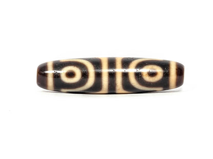 Antique Tibetan Four Eye Tiger Tooth dzi bead, two concentric-ring eyes on dark brown agate, At-082525-4ETT