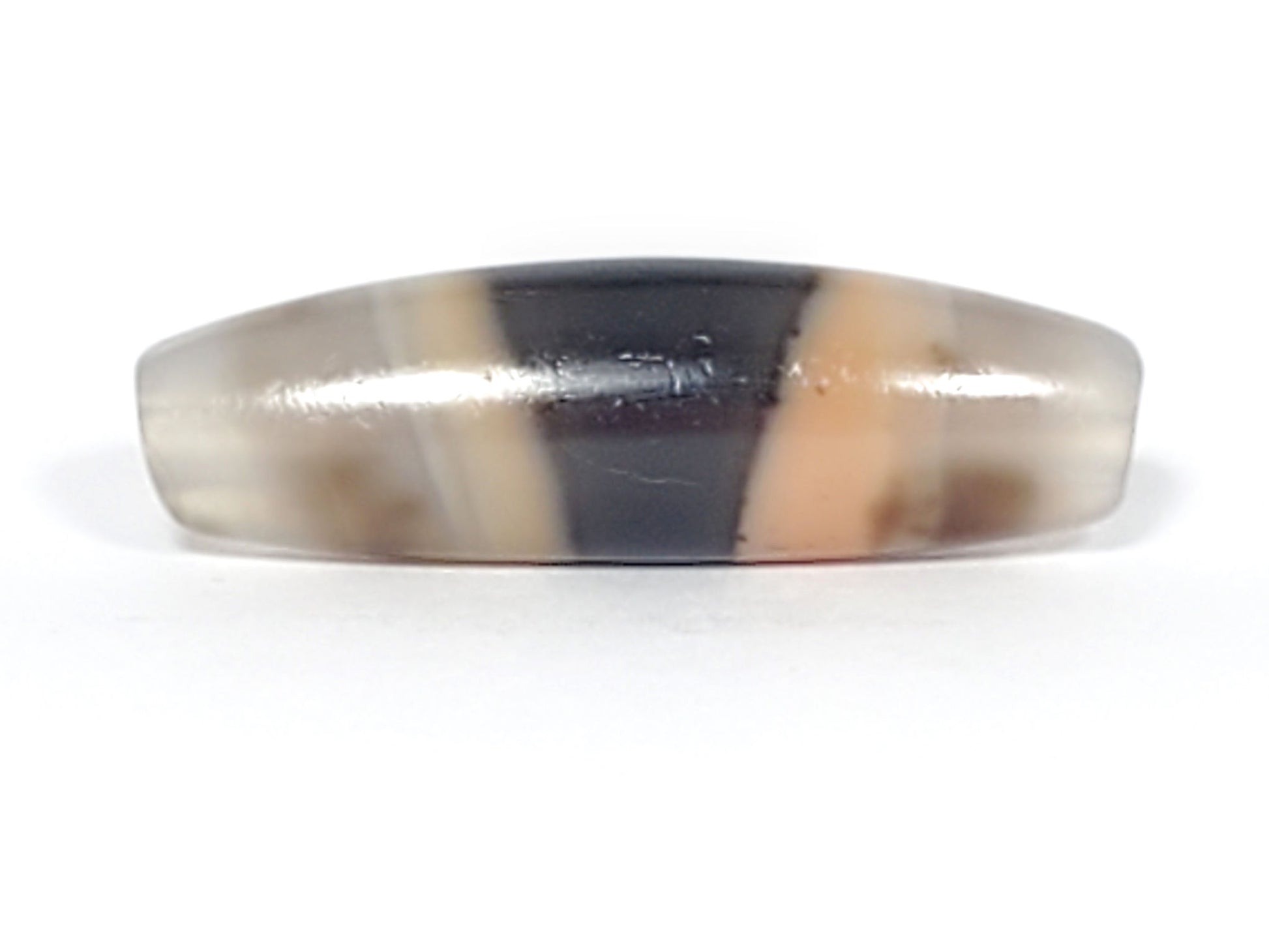 At-061526-1SBow, Face C, peach-orange zone dominant, charcoal stripe, micro-abrasion on dark band, unretouched