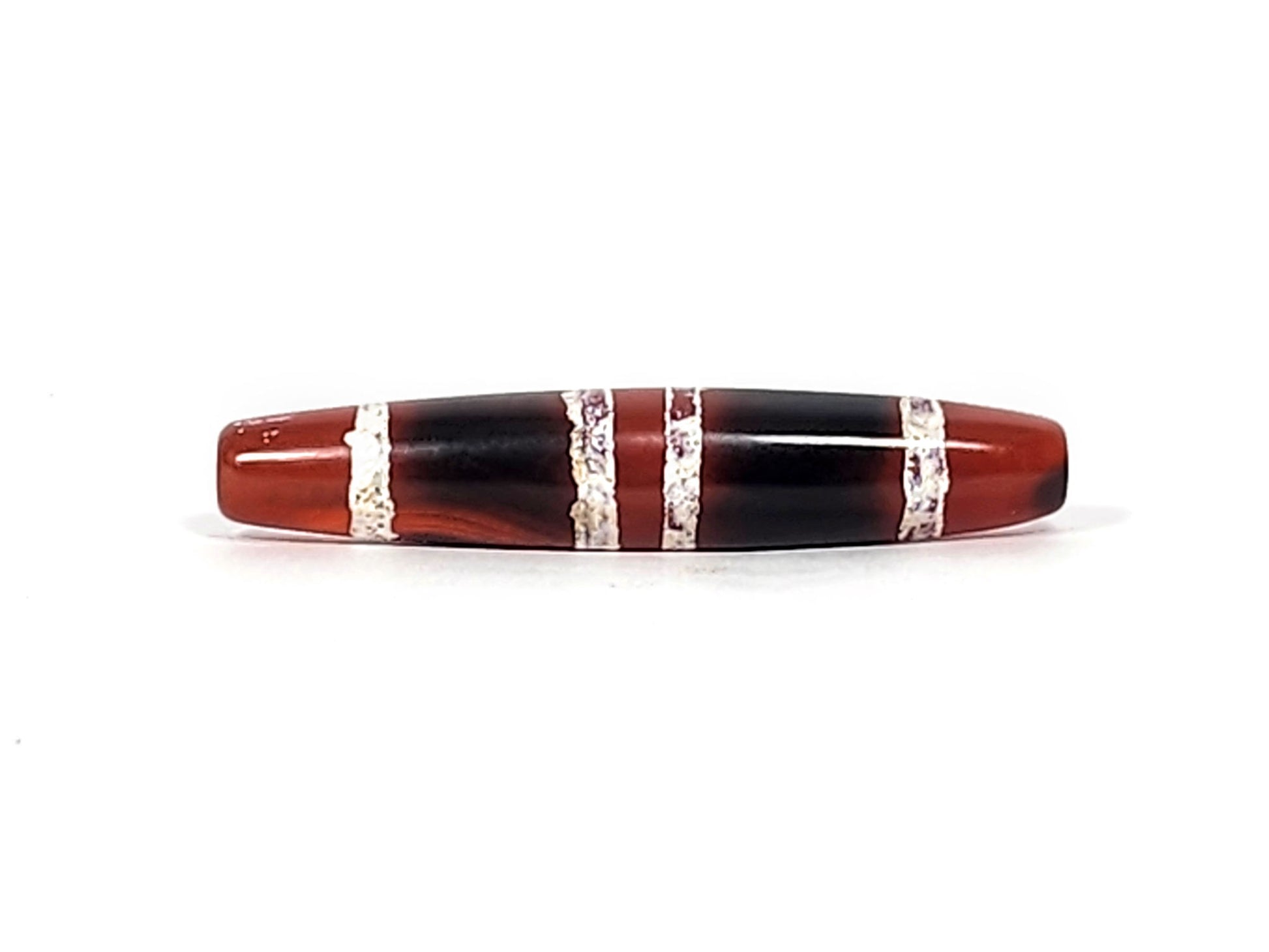 At-122324-3TS antique 3-stripe carnelian dzi, 48.7×9.4mm, full body, bicolour terracotta-red/black, unretouched