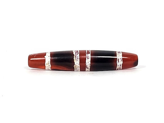 At-122324-3TS antique 3-stripe carnelian dzi, 48.7×9.4mm, full body, bicolour terracotta-red/black, unretouched