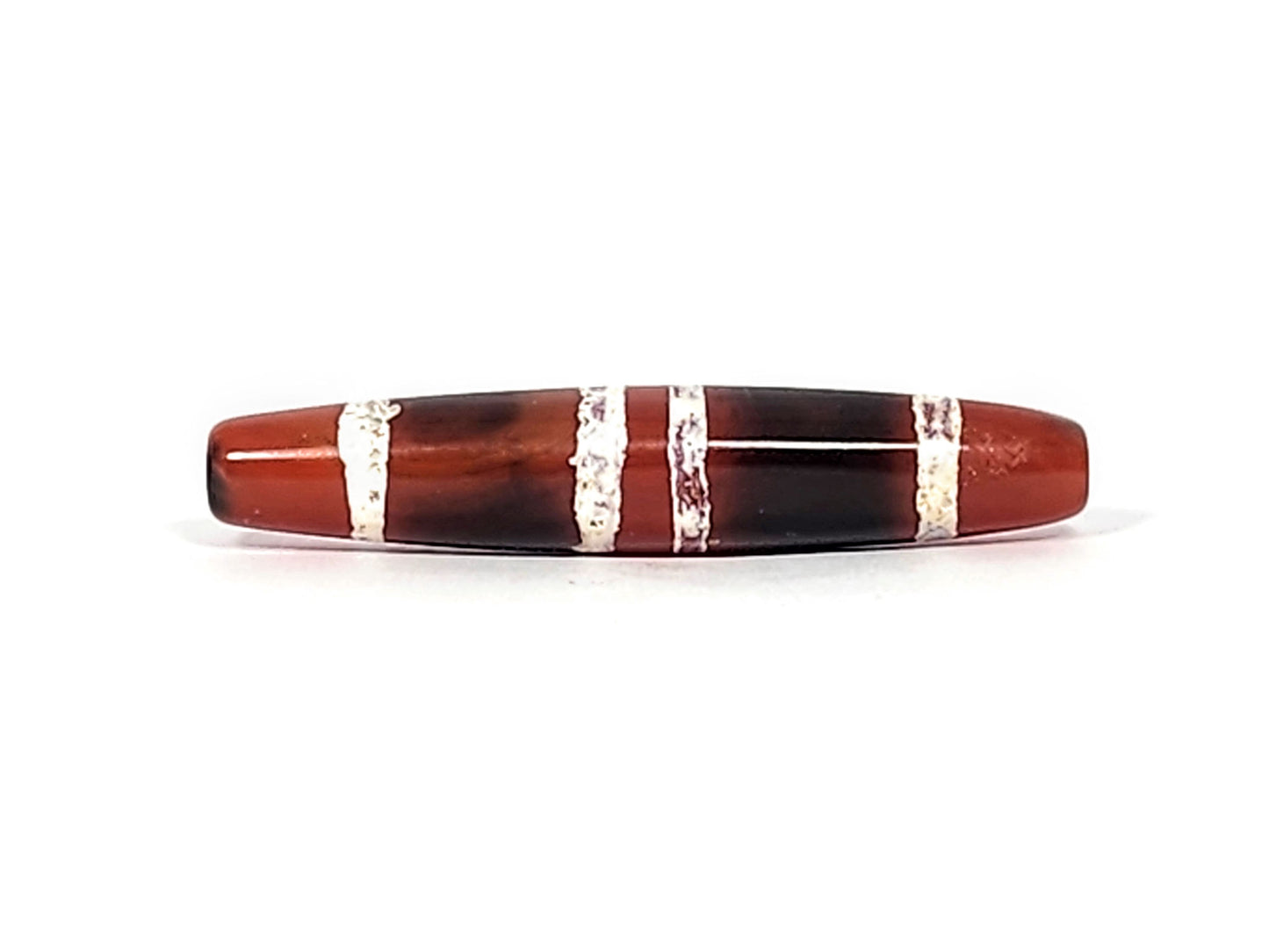 At-122324-3TS antique 3-stripe carnelian dzi, reverse face, partially worn stripe, natural banding, unretouched