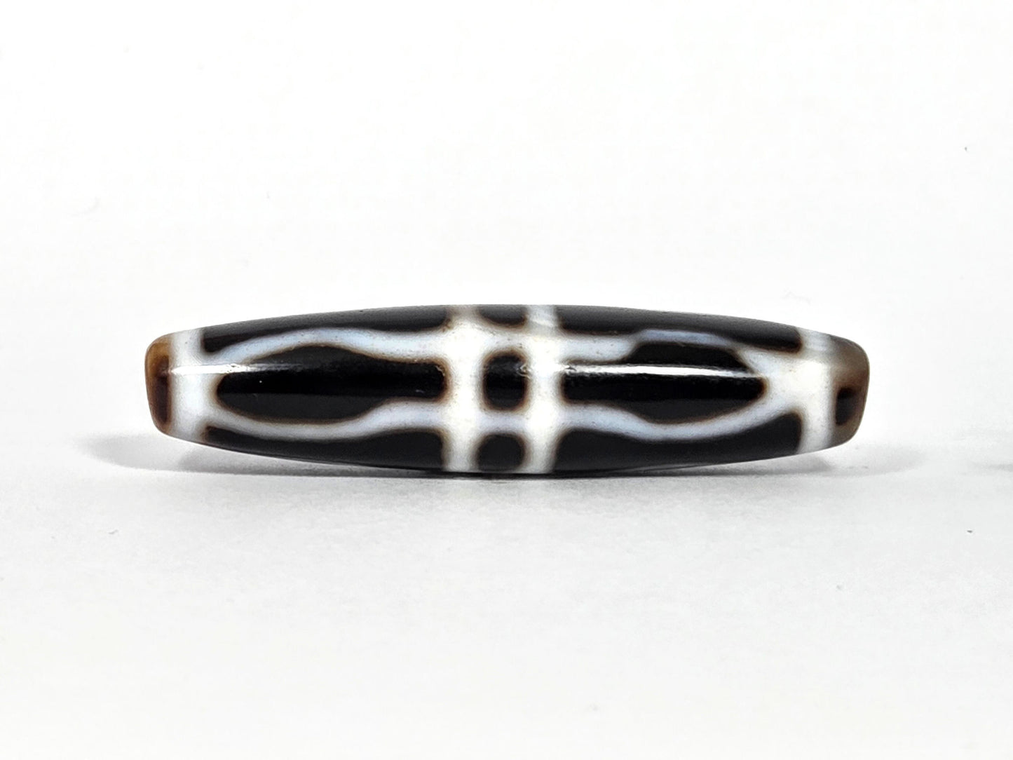 At-090226-3VJBS antique triple vajra dzi 48.6x11.5mm very dark brown agate primary face unretouched