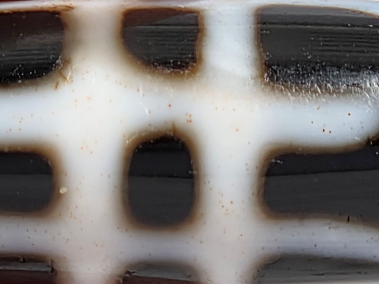 At-090226-3VJBS antique triple vajra dzi macro bloodspot detail cream grid zone reddish cinnabar unretouched