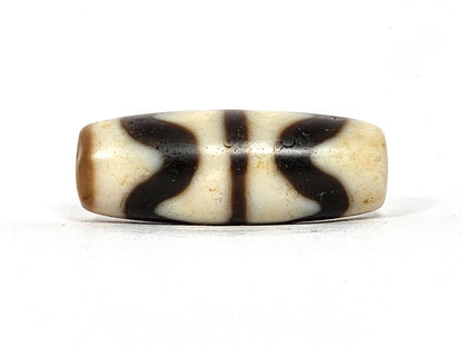 Third angle of antique Double Wave dzi At-072325-DW5, interlocking wave forms on warm brown natural agate, most compact double wave in collection, unretouched photography