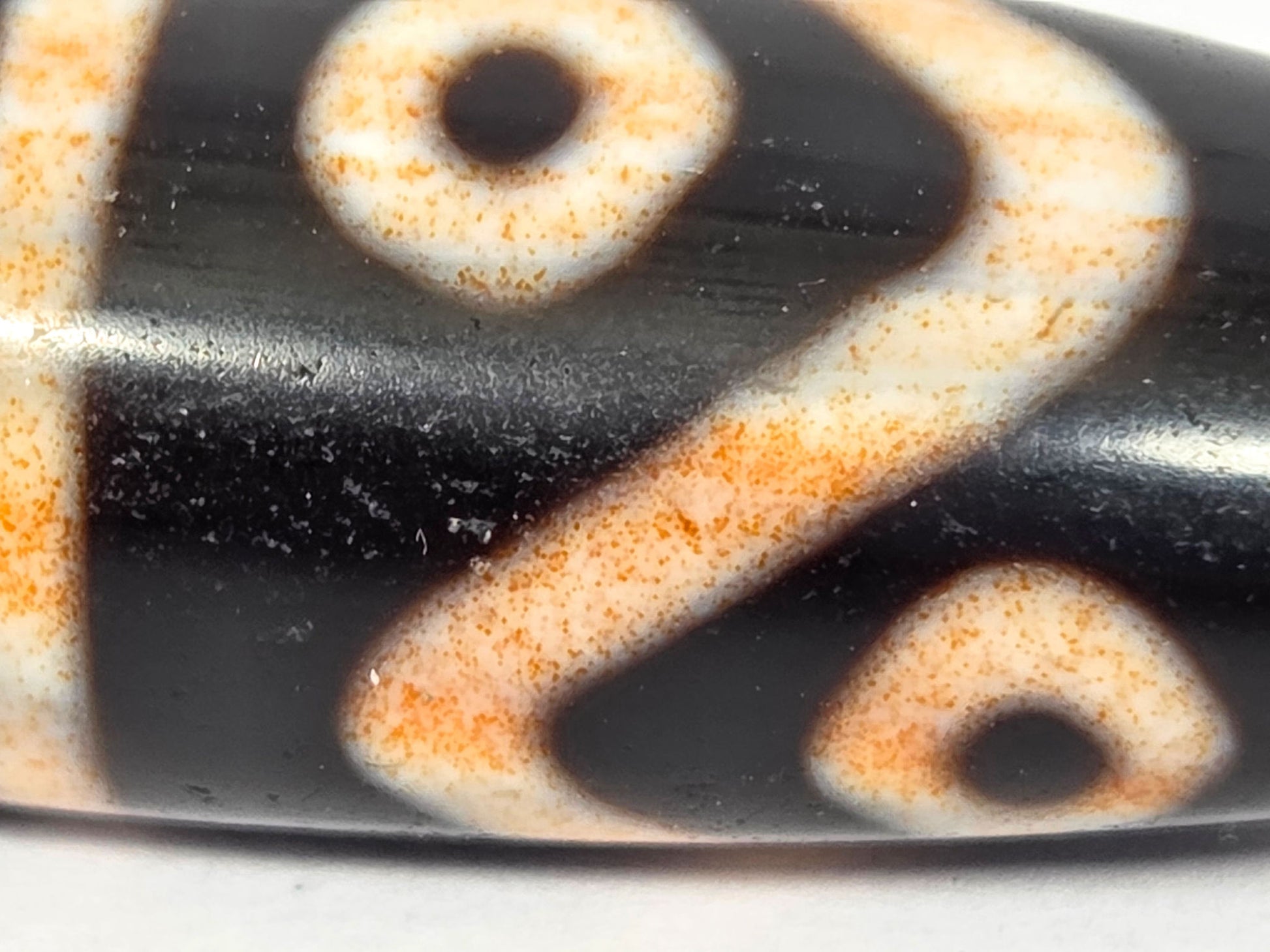 Second macro of tiger tooth and eye forms — orange-amber cinnabar bloodspots in cream etching, black agate