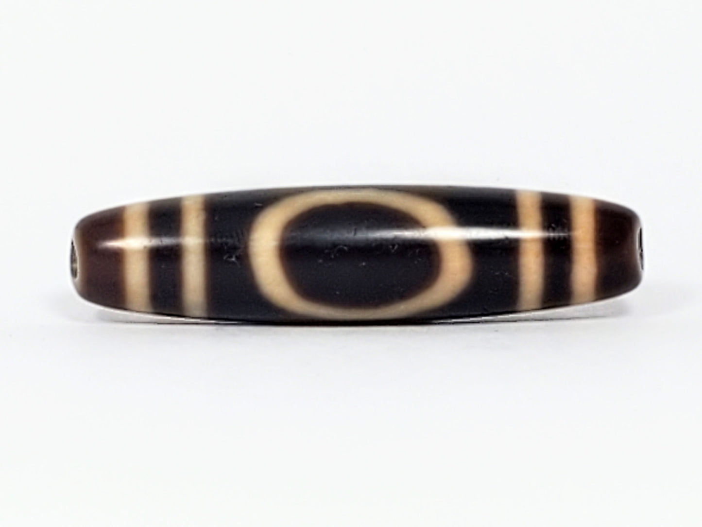 Antique Tibetan Heaven Earth dzi bead, large open-top oval gate on near-black agate, At-082324-HE3