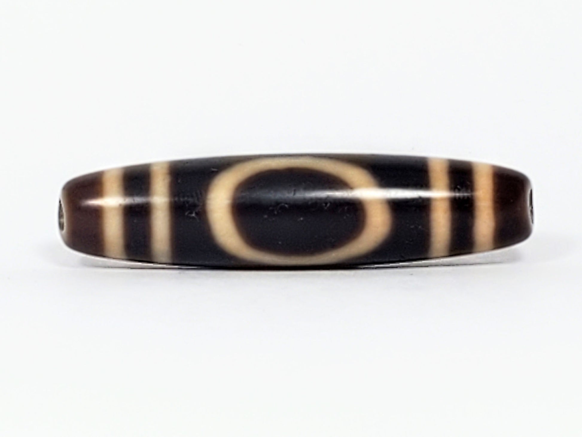 Antique Tibetan Heaven Earth dzi bead, large open-top oval gate on near-black agate, At-082324-HE3