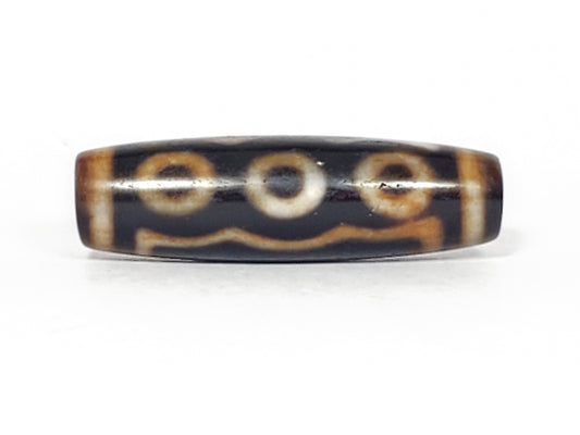 Antique Tibetan five-eye dzi bead, dark agate with white eye motifs, wave pattern, bloodspots, aged patina, drilled ends