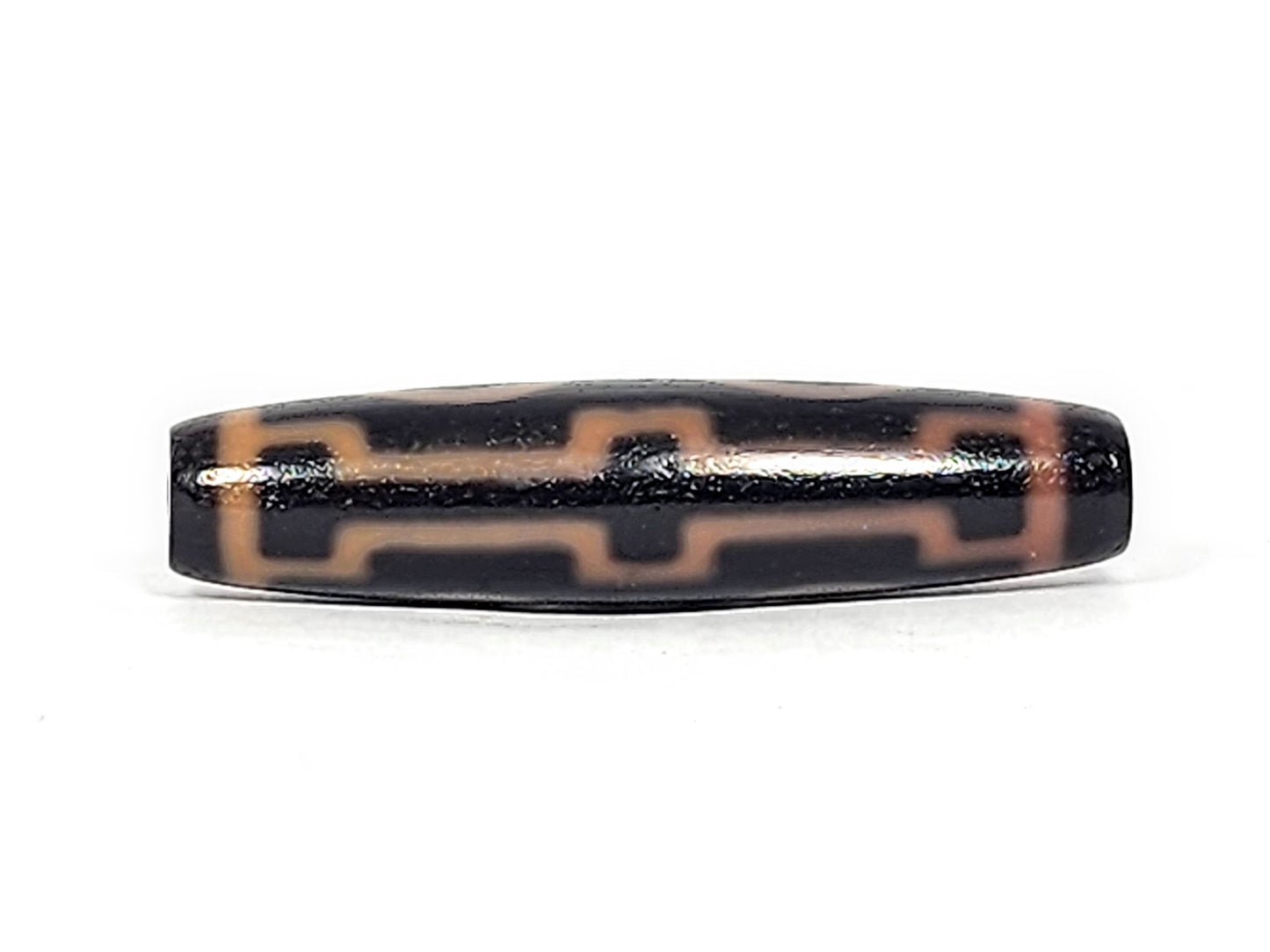 Antique Tibetan Four Eye dzi bead At-012325-4E, front face, four amber-orange eye rings in two pairs on deep dark brown agate, 51.9mm × 12.2mm, unretouched photography