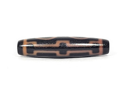 Third angle of antique Four Eye dzi At-012325-4E, amber eye rings and connecting stripes on dark brown agate, full torpedo body profile, 51.9mm × 12.2mm, unretouched photography