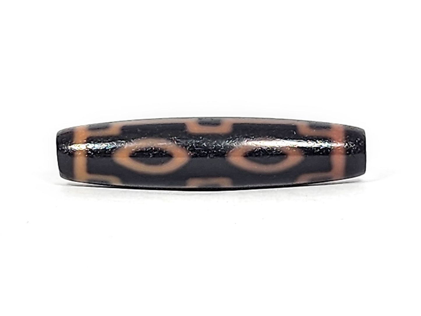 Fourth angle of antique Four Eye dzi At-012325-4E, warm amber-orange four eye motif on deep dark brown natural agate, eye pair composition, unretouched