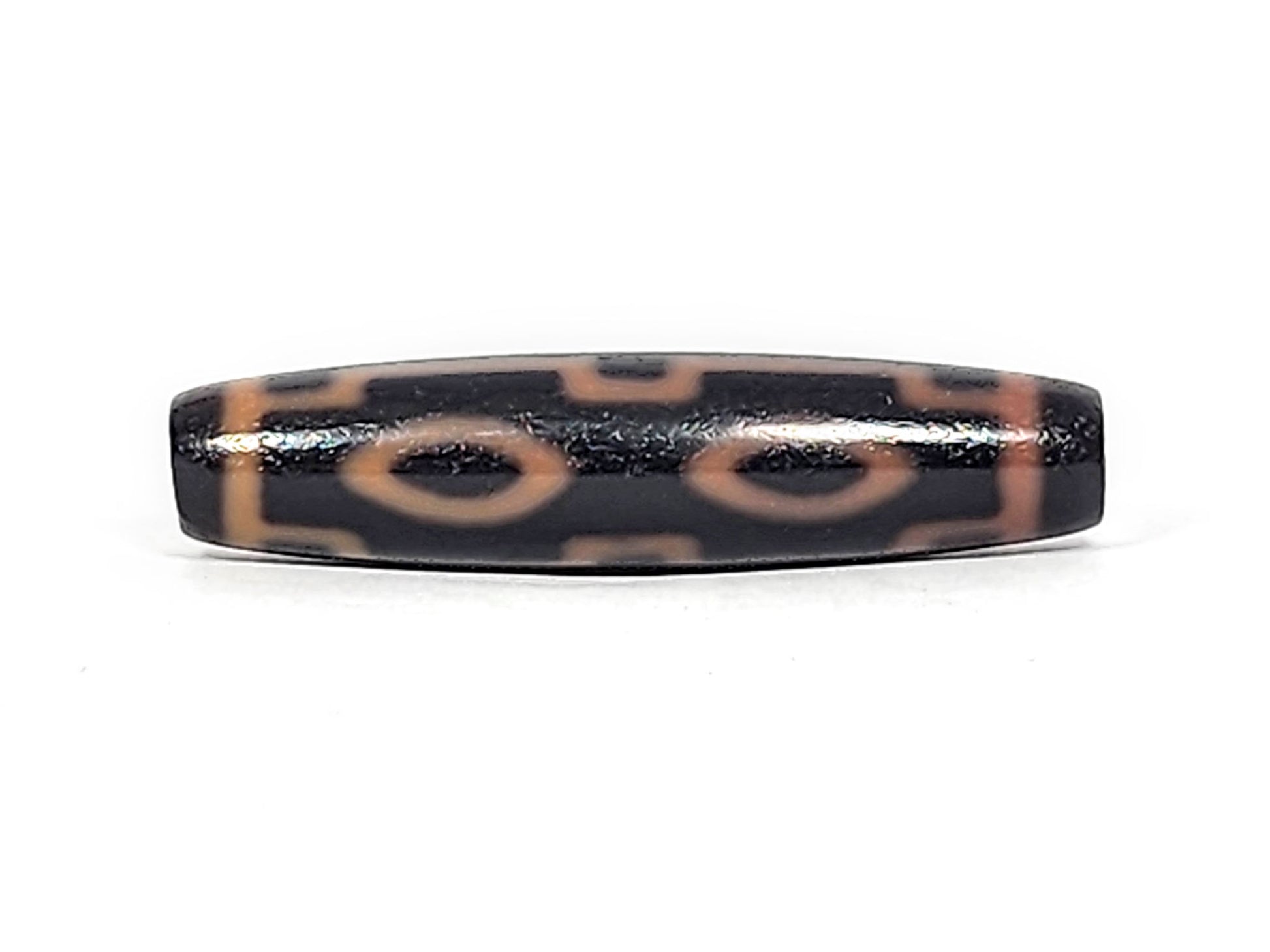 Fourth angle of antique Four Eye dzi At-012325-4E, warm amber-orange four eye motif on deep dark brown natural agate, eye pair composition, unretouched