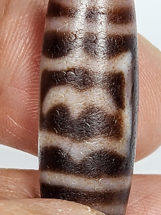 At-011425-GRD macro face A Garuda wing chevrons dark brown golden cinnabar cream zone dzi unretouched