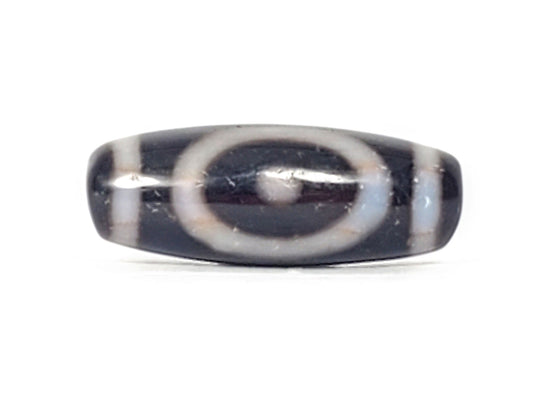 Antique heaven earth gate dzi — front face, large oval heaven gate ring on deep charcoal ground, white stripes, At-0426-HGEG