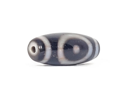 Antique heaven earth gate dzi — opposite end angled, drill hole at near tip, oval arc motifs on charcoal body, At-0426-HGEG