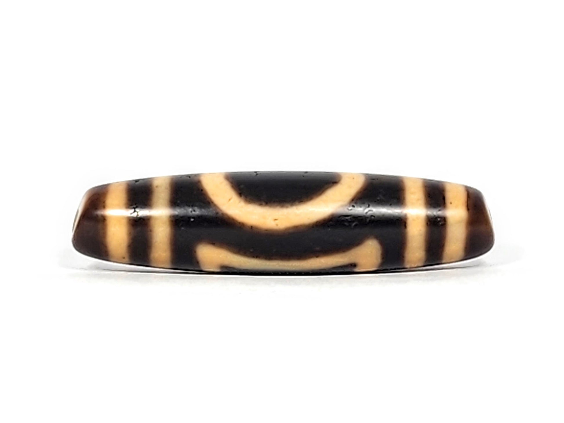 Antique Heaven Earth dzi bead face B showing two open arcs separated on deep warm brown agate, At-121824-HE2